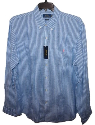 Polo Ralph Lauren Mens Long Sleeve Linen Shirt XL Classic Fit Blue Striped $138 - Image 1 of 4