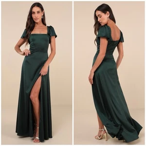 Lulus Ultimate Sweetness Maxi Dress Women's S Emerald Green Satin Flutter Sleeve - Picture 1 of 11