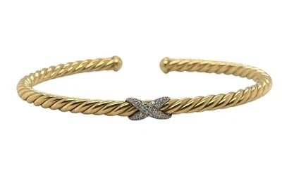 18K Solid Yellow Gold Natural Diamond Twisted Cable X Cuff Bangle Bracelet Foto 1 de 4