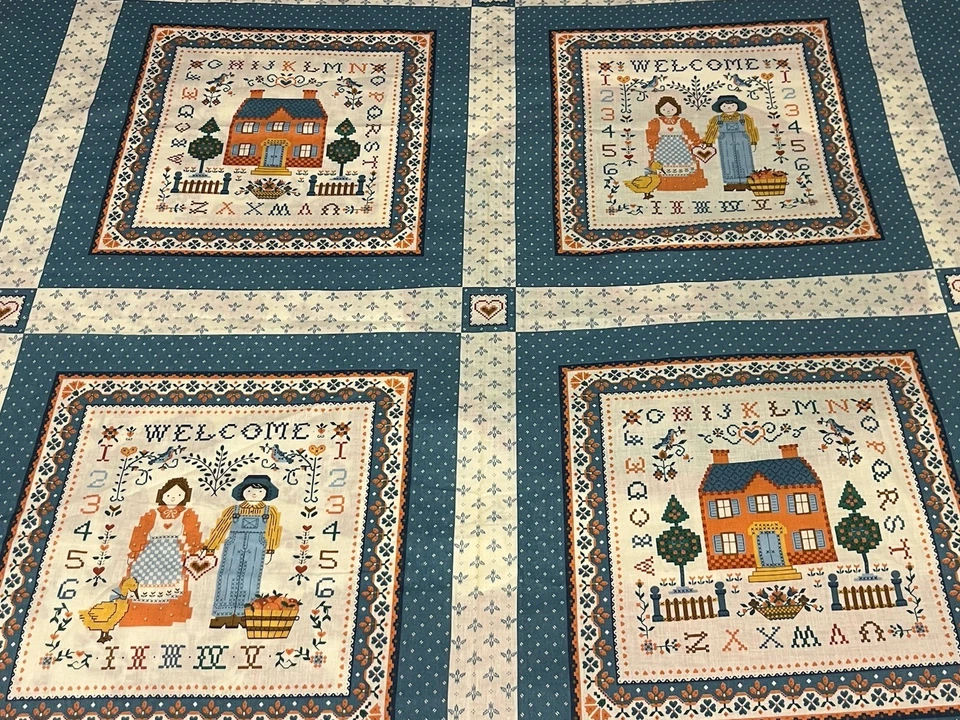 Cranston Welcome Fabric Panel Faux Cross Stitch Sampler Farmers House 4 Squares - Image 1 of 4