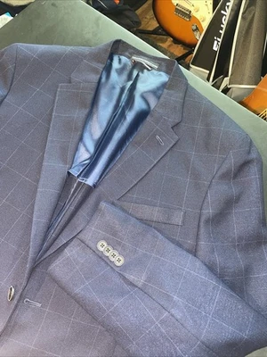 Tommy Hilfiger 44R Navy Gray Wool Poly Spandex Bend Windowpane Blazer Modern - Image 1 of 4