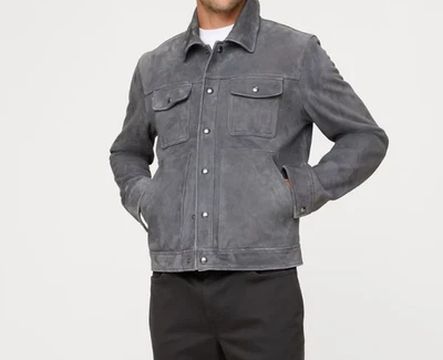 Mens Gray Leather Trucker Jacket Pure Suede Custom Made Size S M L XL 2XL 3XL - Image 1 of 4