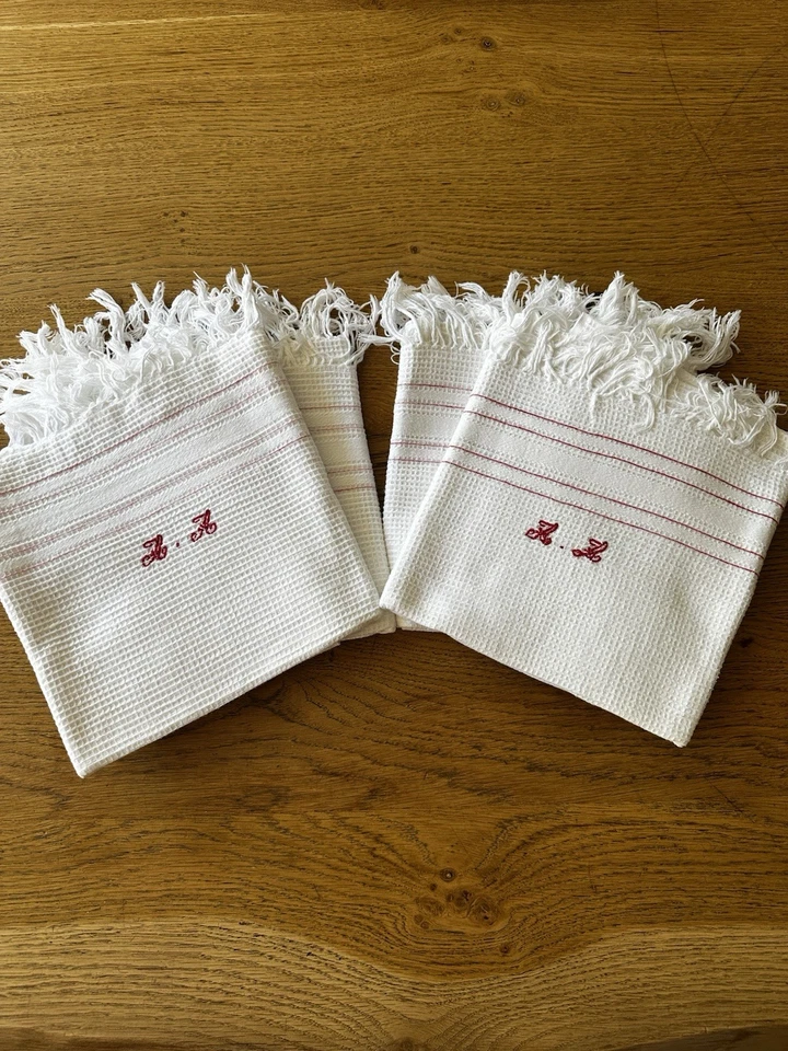 Linge ancien Serviette toilette nid d'abeille coton blanc liteaux et franges  - Photo 1/4