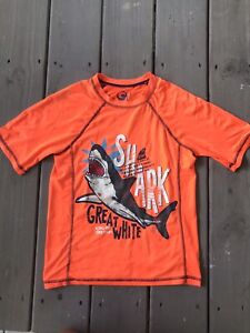 OP Boys Swim Shirt M (8) Rashguard Orange w Great White Shark *cute*