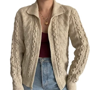 Vintage Womens Hand Knit Cream Wool Fisherman Cable Full Zip Cardigan Sz M - Picture 1 of 8