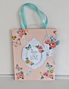 Hallmark GIFT BAG BUTTERFLIES & ROSES "FOR YOU WITH LOVE" TURQ RIBBON HANDLES - Picture 1 of 4