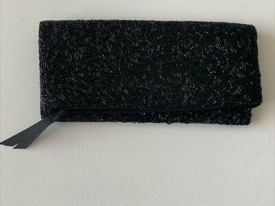 Banana Republic Black Beaded Satin Fold Over Zipper Clutch - Image 1 of 4