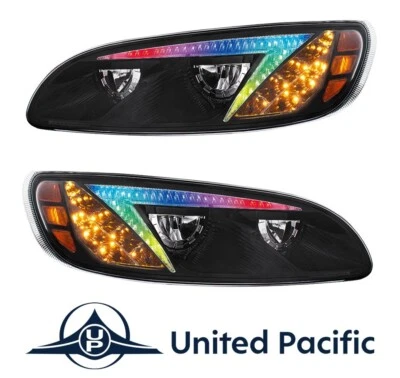 Pair Black LED Headlights w/ Color Changing Light Bar For Peterbilt 386 & 387 - Image 1 of 4