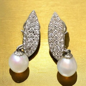 Estate 18K Diamond Leaf Pearl Day Night Italian Omega Back Clip On Earrings - Picture 1 of 8