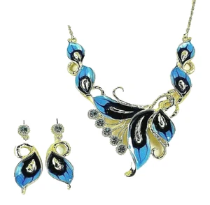 Juego de Collar y Pendientes de Flor Azul Tono Oro Exótico con Cristales Azules - Imagen 1 de 3