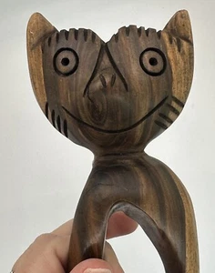 Cat Statue Figure Hand Carved Wooden Folk Art Sitting Smiling MCM Rare Unique - Picture 1 of 14