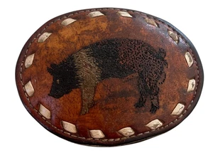 Vintage Schwein Gürtelschnalle braun Leder handgefertigt abgenutzt Tony Lama Made in USA - Bild 1 von 11