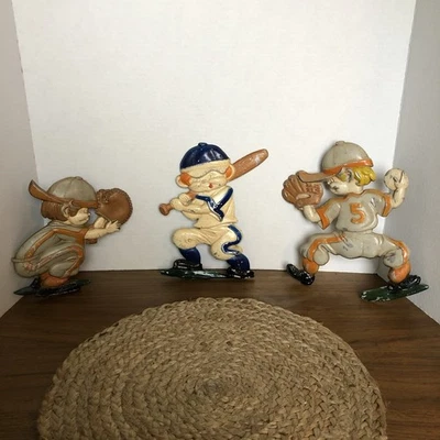Vintage 1970s Sexton Die Cast Metal Set of 3 Baseball Players Hanging Wall Art - Image 1 of 4