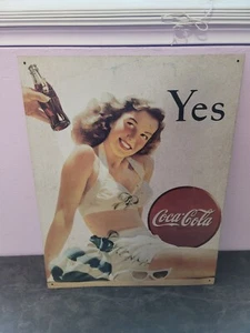 Vintage Coca Cola Sign Tin Metal Soda Pop Bottle Advertising Yes Girl Swim Suit - Picture 1 of 1