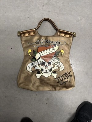 ED HARDY Womens LOVE KILLS SLOWLY Cross and Bones Gold Tattoo Large Tote Bag  - Image 1 of 4