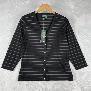 VTG Lauren Ralph Lauren Womens Black Striped Sweater Sz M Cardigan NWT NEW - Picture 1 of 8