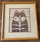 Batik Cat with feather in mouth picture fabric framed heart on face McFett Birch