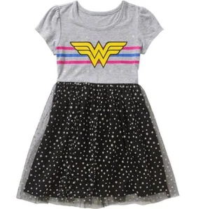 Girls Wonder Woman Dress with tutu skirting Size Lar 10/12 Gray Black Stars NWT - Picture 1 of 1