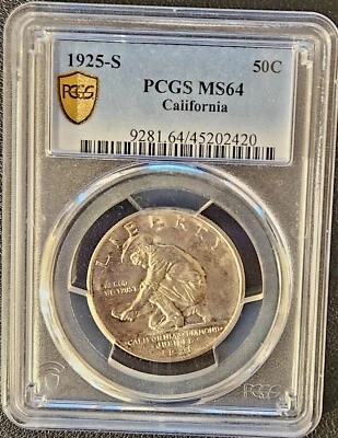 Escudo de oro conmemorativo de plata del Jubileo de Diamantes de California 1925-S 50c graduación profesional MS64 Foto 1 de 3