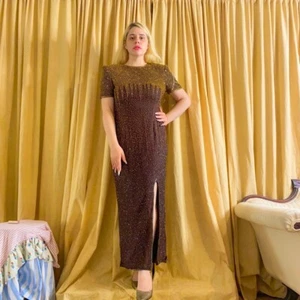 Vintage silk beaded dress  Brown and tan beaded silk maxi dress with high-rise s - Picture 1 of 7