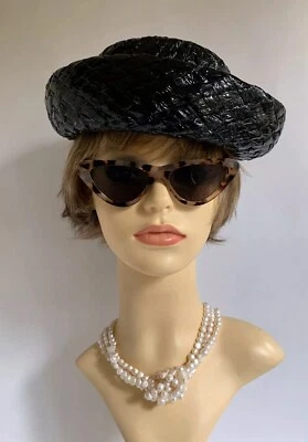 Vintage 1950s Hi Shine Black Woven Polyester Straw Small Brim Summer Hat - Image 1 of 4