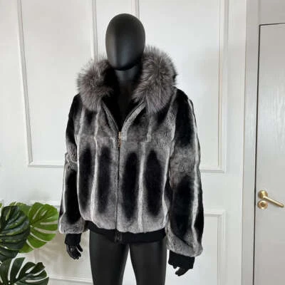 Winter Men's Chinchilla Hood Bomber Jacket Real Rex Rabbit Fur Coat Warm Outwear - Image 1 of 4