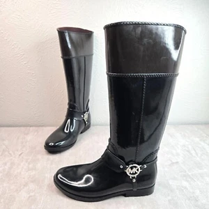 Michael Kors Equestrian Boots Black Brown Rubber Knee High Tall Riding Rainboots - Picture 1 of 12
