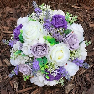 Artificial Wedding Flowers Ivory Lilac & Purple Rose Brides Wedding Posy Package - Picture 1 of 87