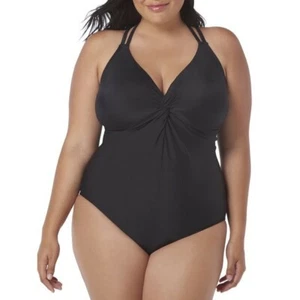 Time and Tru One-Piece Swimsuit Women's Plus Size 1X Black Deep V Twist --H2-- - Picture 1 of 2