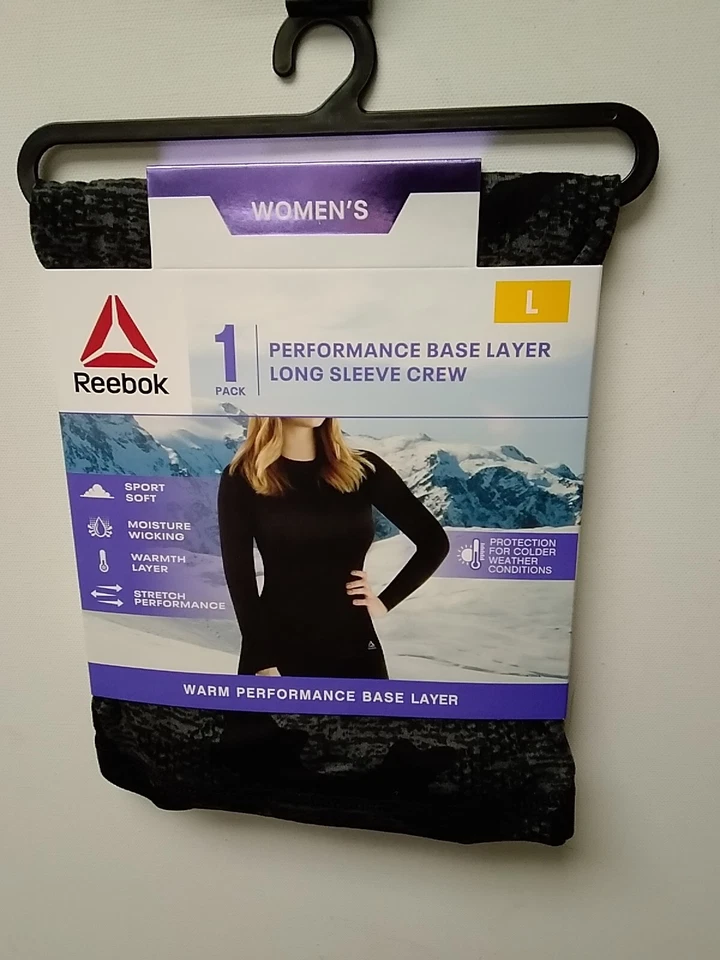 Reebok womens Performance Base Layer Long Sleeve Crew And Pants Black Camo Sz L