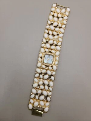 VTG ADRIENNE White Watch Pearl Face Rhinestone Gold Bling Bracelet for parts - Image 1 of 4