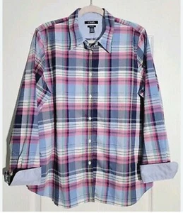 Chaps Hemd Damen Größe 3X Bügelfrei Blau Umschlagmanschette Rosa Kariert Knopfleiste Relaxed - Bild 1 von 14