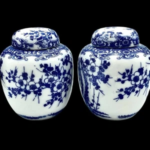 Vintage Paar 2 blau weiße Ingwer Gläser klein 9" Kirschblüten neuwertig - Bild 1 von 6