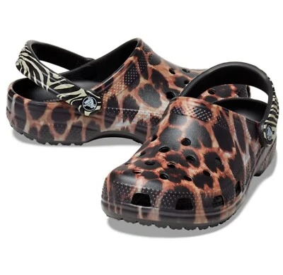 Mens Size 11 Crocs Classic Animal Remix Clogs Leopard & Zebra Slides Sandal NEW - Image 1 of 4