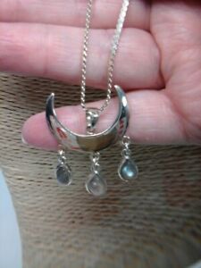 Preloved 925 Sterling Silver & Rainbow Moonstone Wiccan Moon Necklace L18"