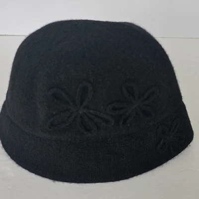 Vintage Trixie Hat Women's Bucket 23" Size Large Cloche Black Wool Blend Flowers - Image 1 of 3