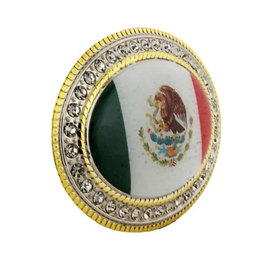 Mexico Country Flag Belt Buckle Western Rodeo Vaquero Rhinestones Gold Vintage  - Image 1 of 3