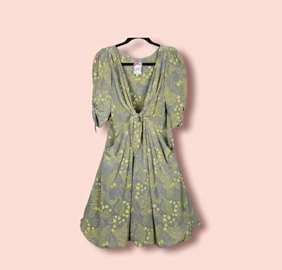 Yoanna Baraschi Silk BIJOU Doux Dress Yellow Gray groovy print M fits W28" - Image 1 of 4