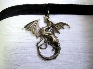 MYSTICAL WINGED DRAGON Black Velvet Ribbon Choker Necklace GOTHIC WICCA PAGAN - Picture 1 of 1