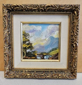 Vintage Miniature European Mountains Landscape Oil Painting Signed Duna FRAMED - Picture 1 of 3
