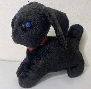 Vintage Handmade Primitive Black Dog Blue Eyes Plush Stuffed Animal - Picture 1 of 7