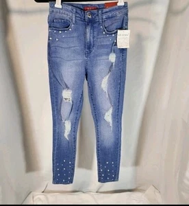 Guess Lia Pearl Embellished Skinny Jean Peacock Blue Wash Women's 26 NWT $55 - Picture 1 of 11