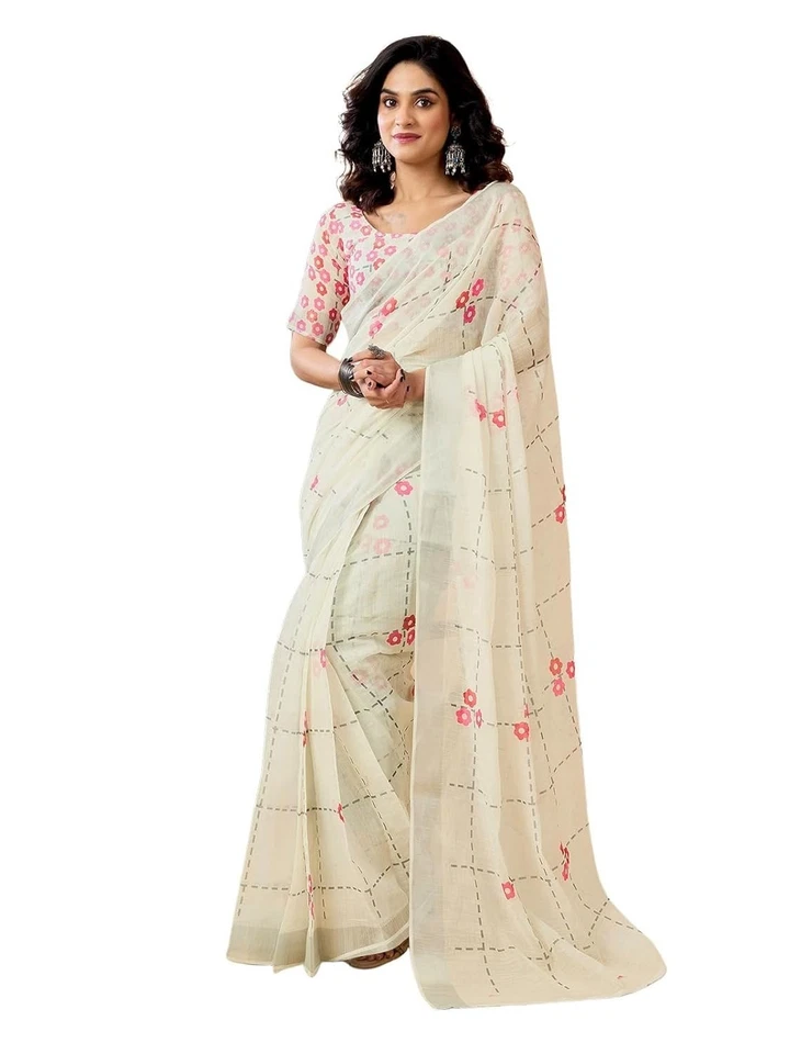 Sari para mujer estampado de lino y borde Zari listo para usar un minuto precosido Foto 1 de 1