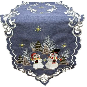 Christmas Table Runner Holiday Snowmen Blue 67" Long Embroidered - Picture 1 of 6