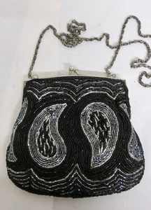 BOLSO DE MANO VINTAGE NEGRO PLATEADO ELEGANTE CORNETA CÓCTEL CON CUENTAS BODA NOCHE - Imagen 1 de 7