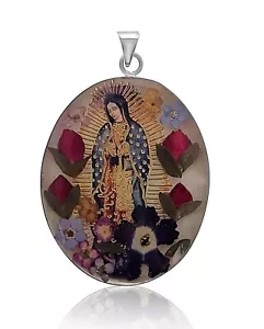 Our Lady Guadalupe, Virgen Guadalupe 2 sided Floral Pendant, Flowers inset image - Picture 1 of 3