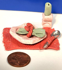 5 Clay pc Serving Dish, Spoon, Candle, Napkin & Place Mat (Dollhouse, Miniatures