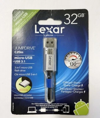 Lexar JumpDrive C20i 32GB USB 3.0 Flash Drive - LJDC20M-128BBNL NEW sealed  - Image 1 of 4