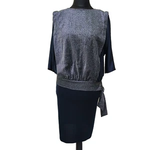 Vestido de fiesta vintage años 80 vanguardista talla 12 negro plata rayas corbata lateral - Imagen 1 de 16