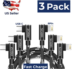 Pack de 3 cordon chargeur rapide Câble USB C vers iPhone 90° pour iPhone 14 PRO MAX 13 12 11 - Photo 1 sur 8